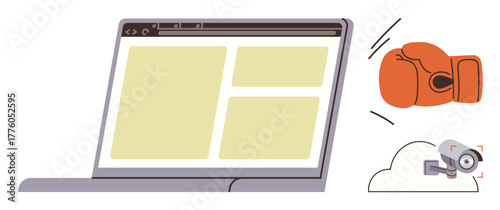 Open laptop with website mock-up, boxing glove indicating a cyber attack, and surveillance camera signifying security breaches. Ideal for cybersecurity, data protection, online threats, hacking