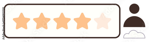 Five-star rating bar with four stars filled, user profile icon, and a cloud. Ideal for review, feedback, rating system, customer satisfaction, performance evaluation, digital interface simple flat