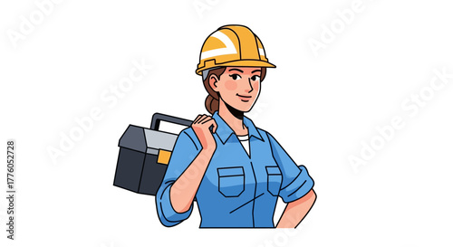 Female Construction Worker Holding Toolbox Illustration