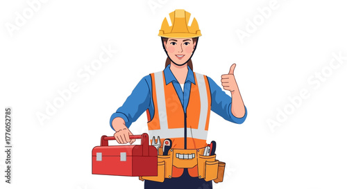 Female construction worker in hard hat and safety vest giving a thumbs up and holding a toolbox, illustration