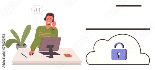 Customer support agent using a headset at a desk with a computer, next to a locked cloud graphic. Ideal for security, technology, communication, IT support, service, privacy, digital solutions