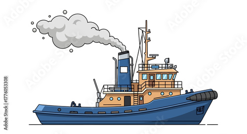 Blue tugboat with smoke billowing from its chimney, isolated on a white background