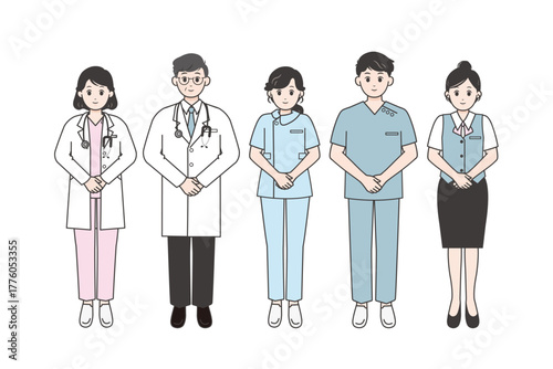 病院スタッフが笑顔で立つイラスト
