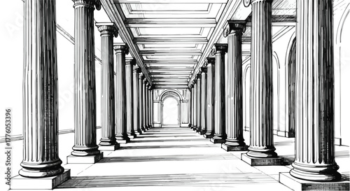 Classical corridor columns perspective architecture vector illustration.