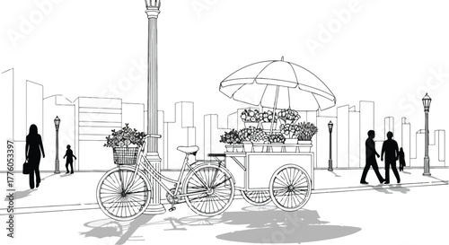 Street food cart with people urban minimal vector line art illustration.
