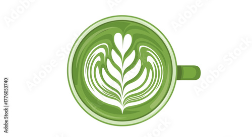Overhead view of a vibrant green matcha latte with intricate foam art resembling a flower, presented in a clean white ceramic cup