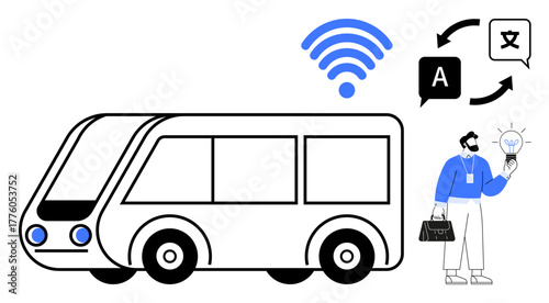 Electric bus with wireless signal icon, language translation, and businessperson holding a lightbulb representing innovation. Ideal for sustainability, technology, urban mobility, communication