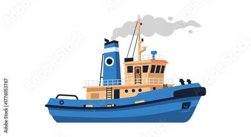 Flat design illustration of a classic blue and beige tugboat with a smokestack, symbolizing strength and utility in naval port environments