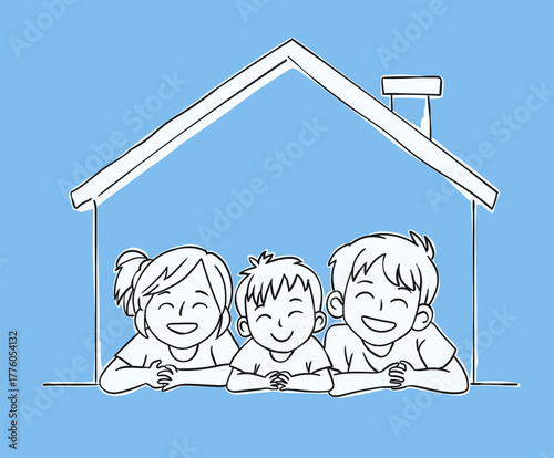 Black and white vector doodle depicting a family living happily in cozy house, unity and warmth together. Captivating illustration of bold black and white sketch of a family gathered at home, together