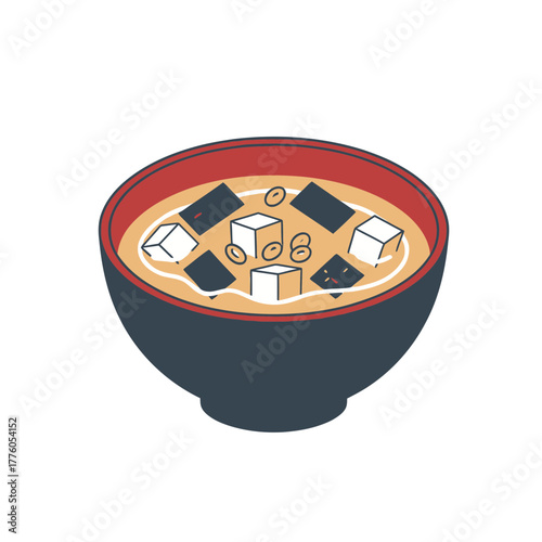 Miso soup bowl with tofu cubes and seaweed in minimalist style  
