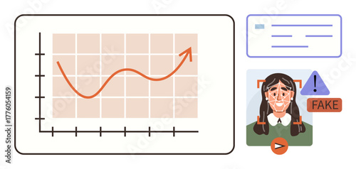 Growth chart with upward trends, facial recognition algorithms detecting deepfake visuals, warning labels, and user interface elements. Ideal for technology, AI, media integrity, data, analytics