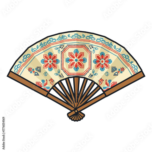 Traditional paper fan with floral design and wooden handle  