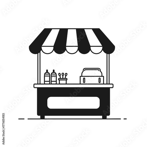 Street food stall with condiments and cooking utensils in black and white  