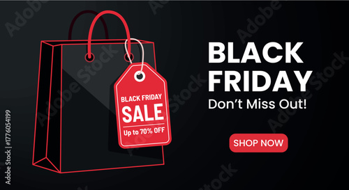 Advertisement concept for a major annual shopping holiday or black friday, showing a stylized shopping bag and a sales tag offering a significant discount on a dark background