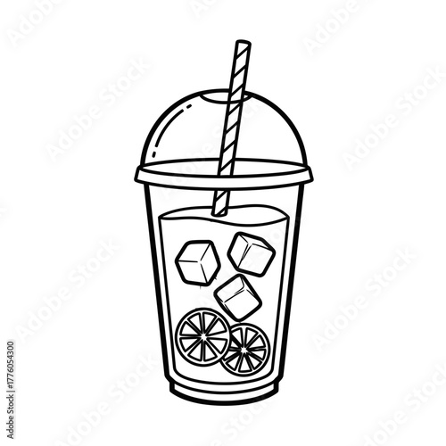 Iced green tea with lemon slices and ice cubes in plastic cup  