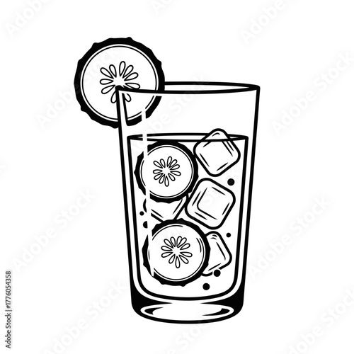 Glass of cucumber water with ice cubes and lemon slice  