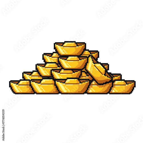 Pile of golden ingots in pixel art style on white background  