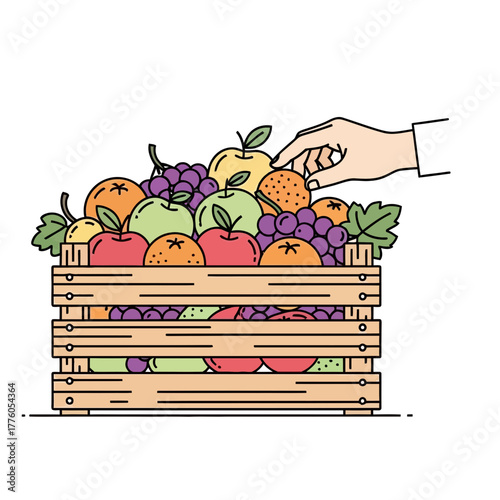 Hand reaching for fresh fruit in wooden crate on white background  
