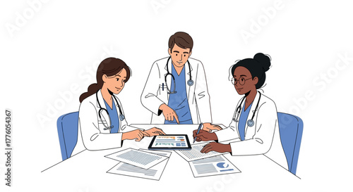 Medical team of diverse doctors in white coats collaborating around a table, analyzing data on a tablet and papers