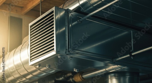 Industrial close-up view of metallic ventilation system with ducts and a rectangular vent