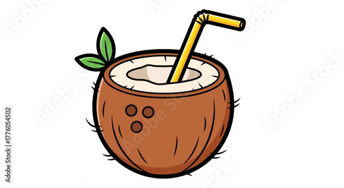 A refreshing tropical coconut drink served in a natural shell with a yellow straw, garnished with a green leaf. A simple vector cartoon style illustration for summer themes