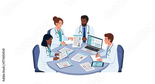 Healthcare professionals collaborating on patient records and medical research, fostering teamwork and strategic decision-making in a professional setting