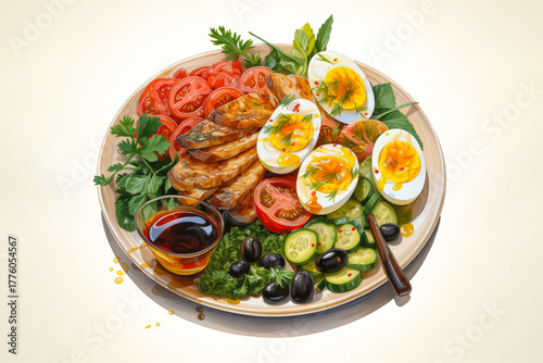 egg leafy green salad for healthy food and protein meal concept vector illustration