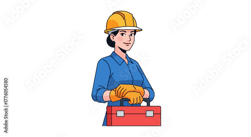 Professional female industrial worker in a hard hat and uniform holding a red toolbox, cartoon vector illustration