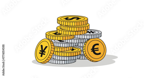 Dynamic Stacks of International Currency Coins Including Dollar, Euro, and Yen Symbols for Global Finance and Economic Growth