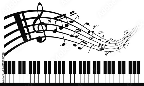 the notes, piano keyboard, piano keys, music, reports and octave, treble clef, vector