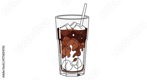 Refreshing Iced Coffee Illustration in a Glass with Straw and Ice Cubes