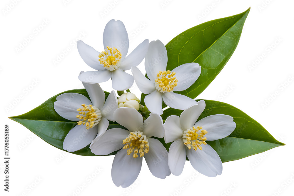 Fototapeta premium Orange blossom flower and green leaf close-up detail fragrance botanical nature isolated on transparent background
