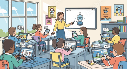 A vibrant illustration depicting a modern classroom with students engaged in ai learning