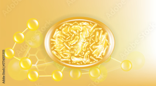 Probiotic and Hyaluronic acid skin solutions ad, gold collagen, and vitamin serum drops with cosmetic advertising background ready to use illustration vector.