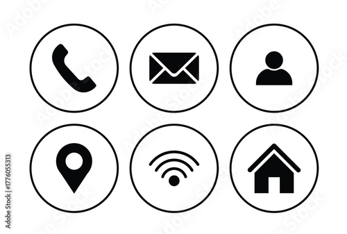 Black communication icons set including phone mail location wifi home and user isolated on white