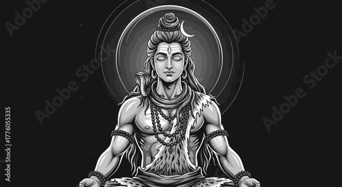Monochrome illustration of Lord Shiva in meditation with crescent moon artwork
