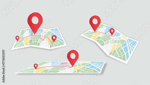 Set of folded city maps with red location pins and routes, gps navigation and travel concept vector