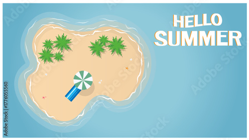 Hello Summer tropical island with palm trees and beach umbrella on blue ocean background illustration