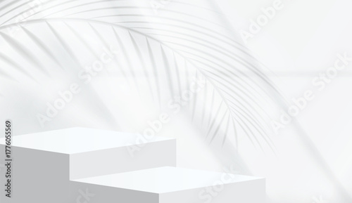 Abstract 3D shape podium with soft tropical leaf shadows and gentle light reflections. Display pedestal mockup minimal scene empty stage for presentation product cosmetic, stand, showcase, exhibition