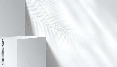 Abstract 3D shape podium with soft tropical leaf shadows and gentle light reflections. Display pedestal mockup minimal scene empty stage for presentation product cosmetic, stand, showcase, exhibition