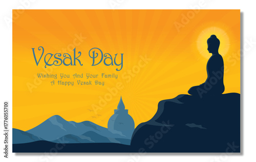 Vesak Day greeting with Buddha silhouette, temple stupa and glowing sunrise background illustration