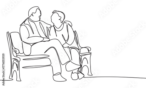 Continuous Line Drawing of an Elderly Couple on a Bench