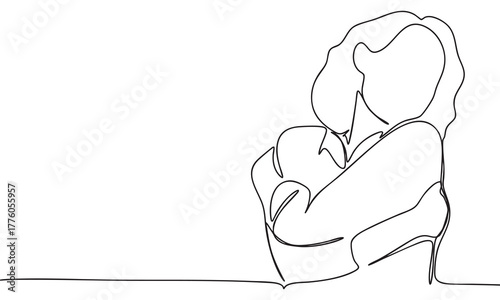 Continuous Line Art of a Woman Embracing or Holding a Child