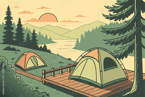 Camping Sunset Landscape Illustration