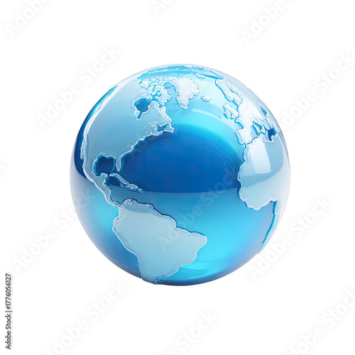 A stylized, translucent blue globe depicting the Earth, primarily showing North and South America, with a glossy, reflective surface