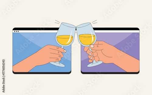 Two hands holding wine glasses toasting over computer screens