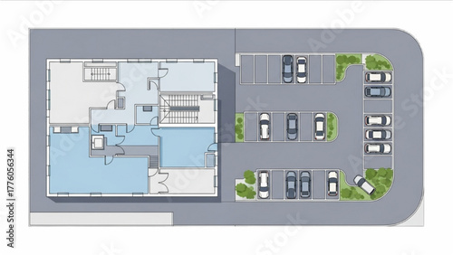 Aerial view of a building floor plan and parking lot