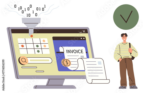 Desktop screen showing automated invoice, binary data input, charts, and organized layout. Confident person standing beside. Ideal for finance, automation, tech, data business productivity simple