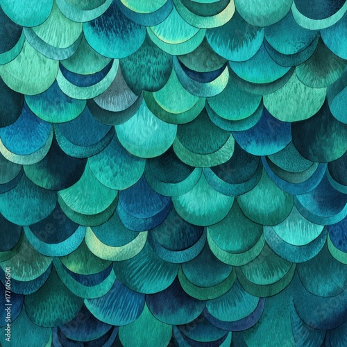 Abstract watercolor teal and blue scales pattern