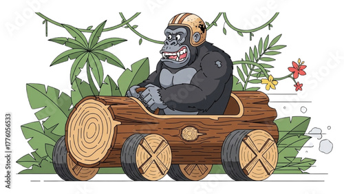 Cartoon Gorilla Driving a Log Car Through the Jungle